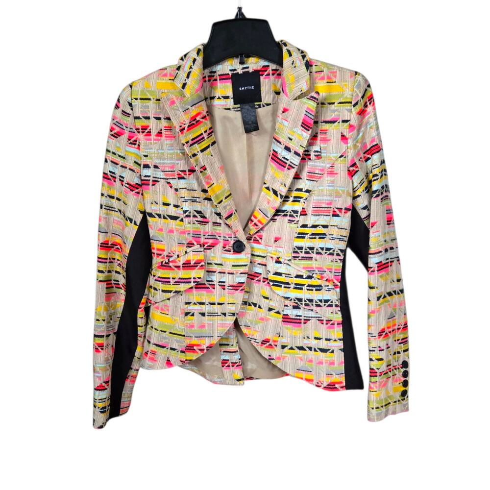 Smythe Tuxedo Stripe Multicolor Tribal Jacquard Blazer Size 4 - Picture 4 of 8
